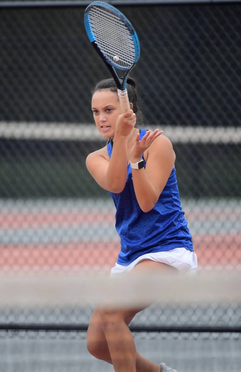 Wheaton North Doubles player Kaylee Phillips with partner Stella Tarsha at the DuKane Conference girls tennis tournament at Wheaton Warrenville South High School on Thursday, October 5, 2023.