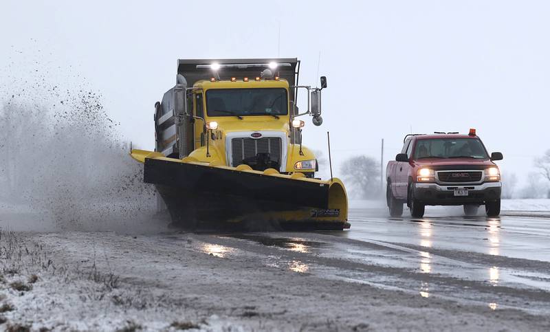 A snowplow heads south on Peace Road Tuesday, Jan. 9, 2024, in DeKalb. Snow is expected to continue throughout the day with 7 to 10 inches of snow expected.