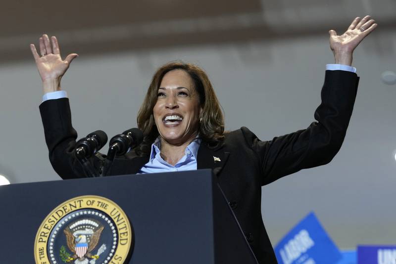 Democratic presidential nominee Vice President Kamala Harris campaigns with President Joe Biden at the IBEW Local Union #5 union hall in Pittsburgh on Labor Day, Monday, Sept. 2, 2024. (AP Photo/Susan Walsh)