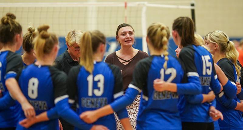 Geneva’s head coach Lauren Kosecki talks to her players during a volleyball match against Wheaton Warrenville South at Geneva High School on Tuesday, Sep 5, 2023.