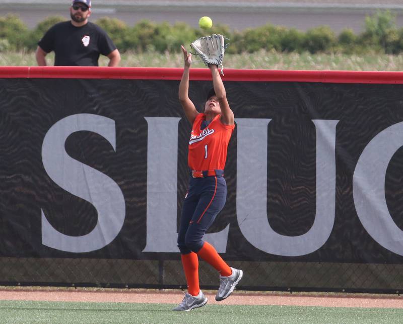 Oak Park-River Forest's Kelly Cortez makes a catch in left field during the Class 4A state semifinal softball game on Friday, June 9, 2023 at the Louisville Slugger Sports Complex in Peoria.