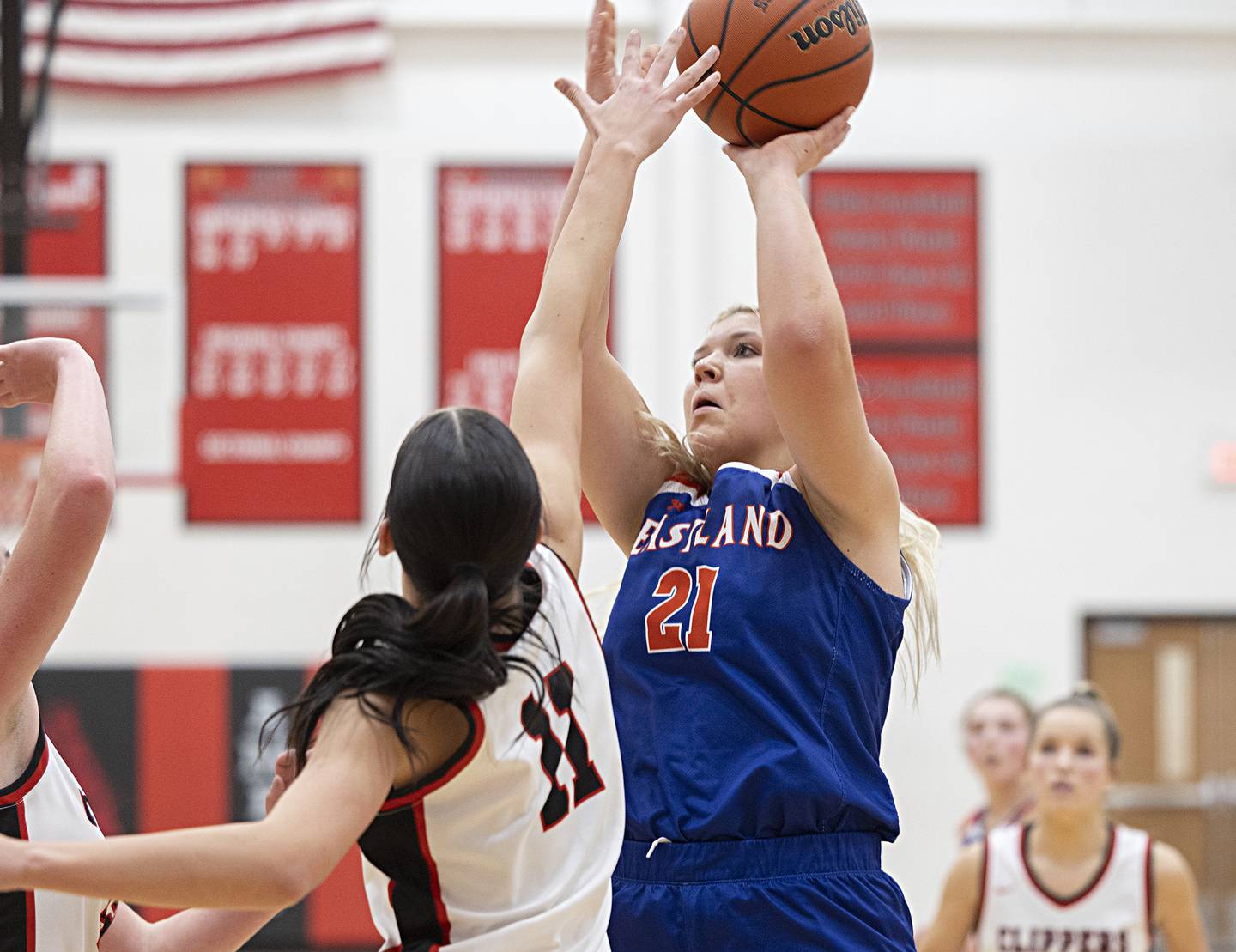 Eastland’s Olivia Klinefelter puts up a shot against Amboy Friday, Jan. 19, 2024 at Amboy High School.