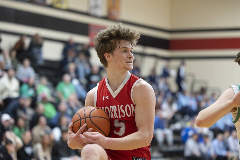 Morrison’s Chase Newman secures a rebound against Rock Falls Wednesday, Feb. 21, 2024 at the Prophestown class 2A basketball regional.