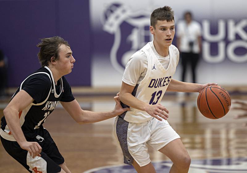 Dixon’s Cullen Shaner handles the ball against Kewanee Tuesday, Nov. 28, 2023 in Dixon.