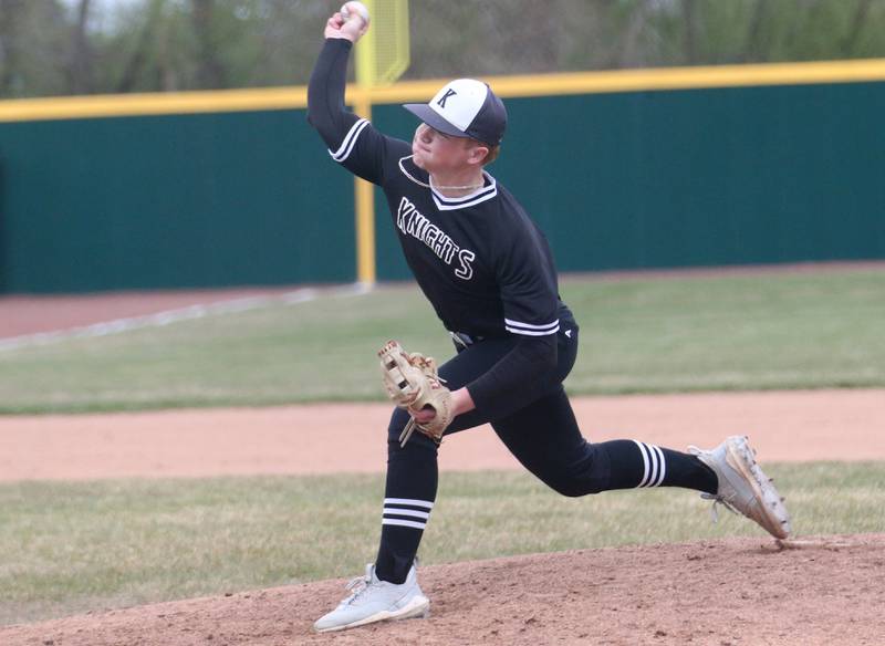 Kaneland pitcher Alex Schiefer delivers a pitch to L-P on Thursday, April 11, 2024 at Huby Sarver Field in La Salle.