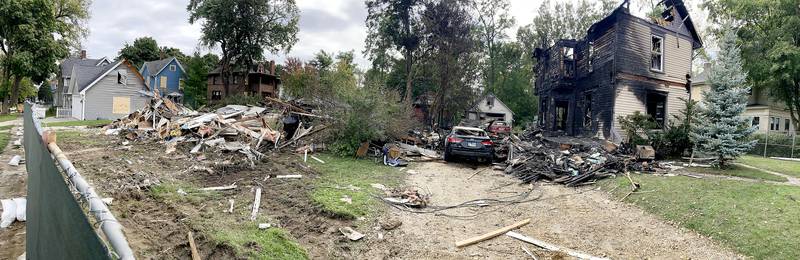 The remains of homes in the 300 block of Lincoln Avenue on Tuesday, October 10, 2023, after an explosion following a gas leak in the area leveled one home as caused several fires.