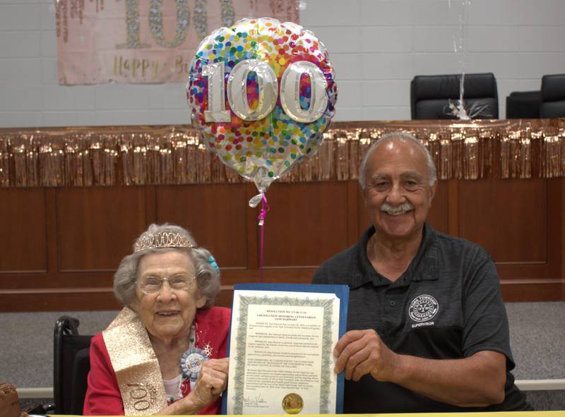 Elmhurst centenarian Jane Harwart was surprised with a resolution from York Township Supervisor John Valle on Monday, June 24, 2024, honoring her for achieving the milestone of turning 100 years old.