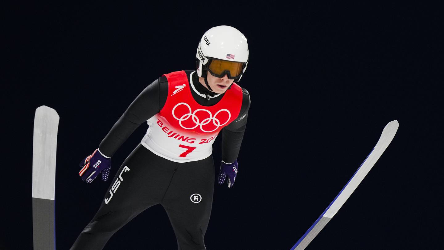 Patrick Gasienica, of McHenry, soars through the air during the men's normal hill individual ski jumping trial round at the 2022 Winter Olympics, Sunday, Feb. 6, 2022, in Zhangjiakou, China.