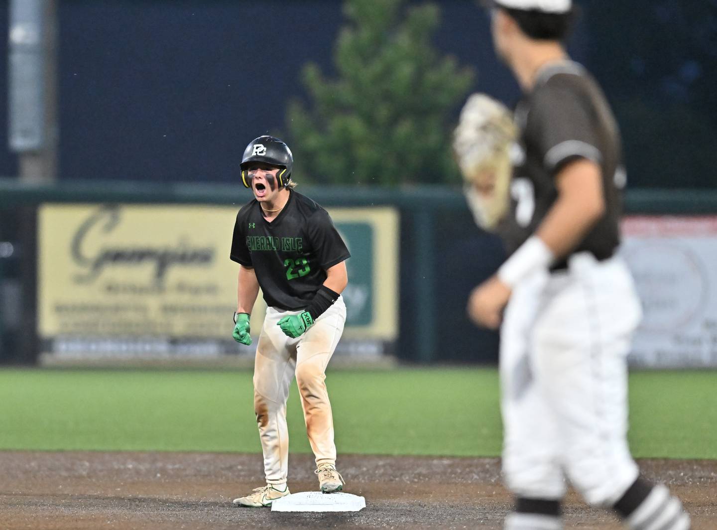 Providence's Blake Jenner reacts to making to second base during the Class 4A Super-Sectional game against Mt. Carmel on Monday, June 03, 2024 at Crestwood.