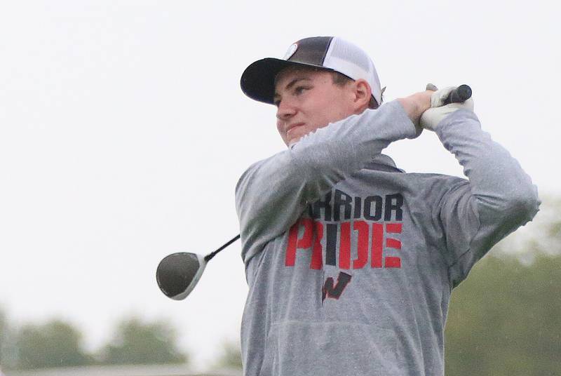 Woodland's Kyle Bliss tees off during the Class 1A Regional on Wednesday, Sept. 27, 2023 at Wolf Creek Golf Club in Pontiac.