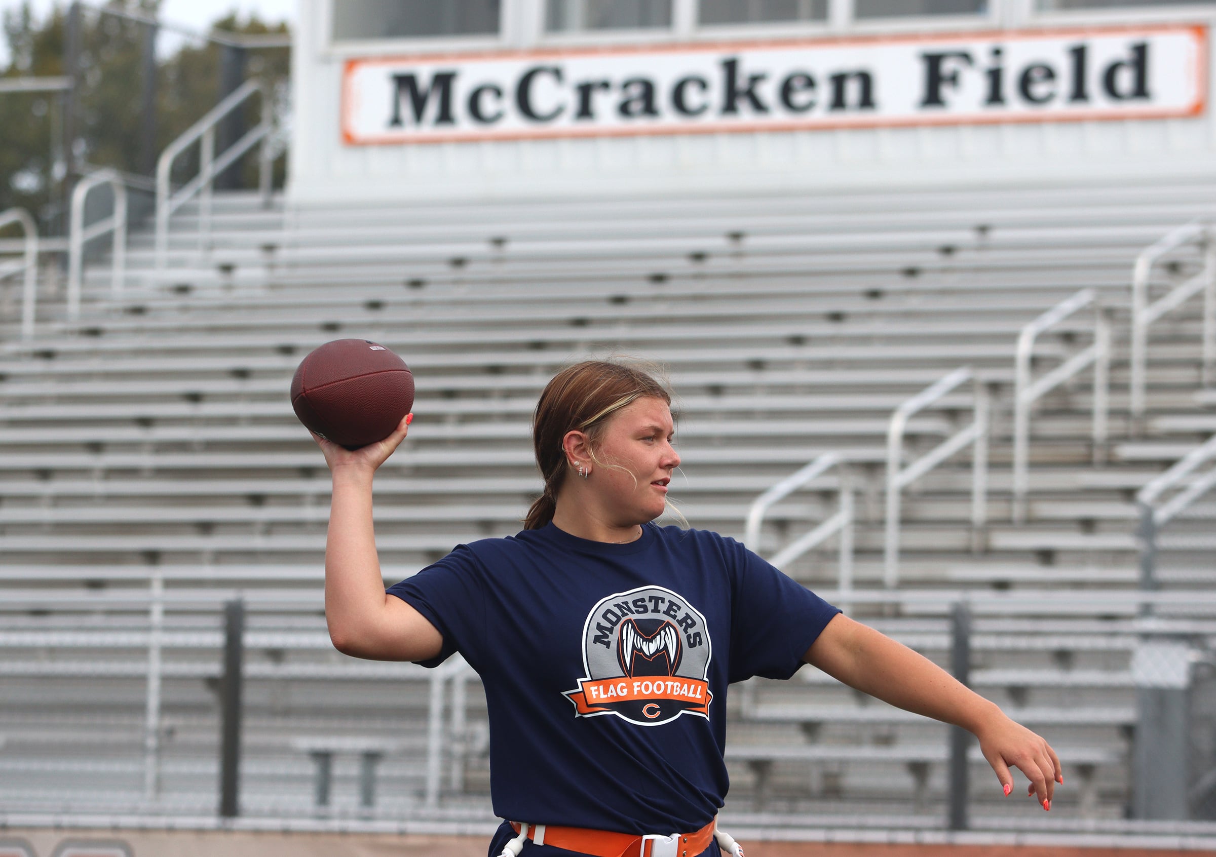 McHenry High School junior Emma Story practices as the Chicago Bears and McHenry Community High School hosted a flag football clinic at McCracken Field Wednesday, July 31, 2024.