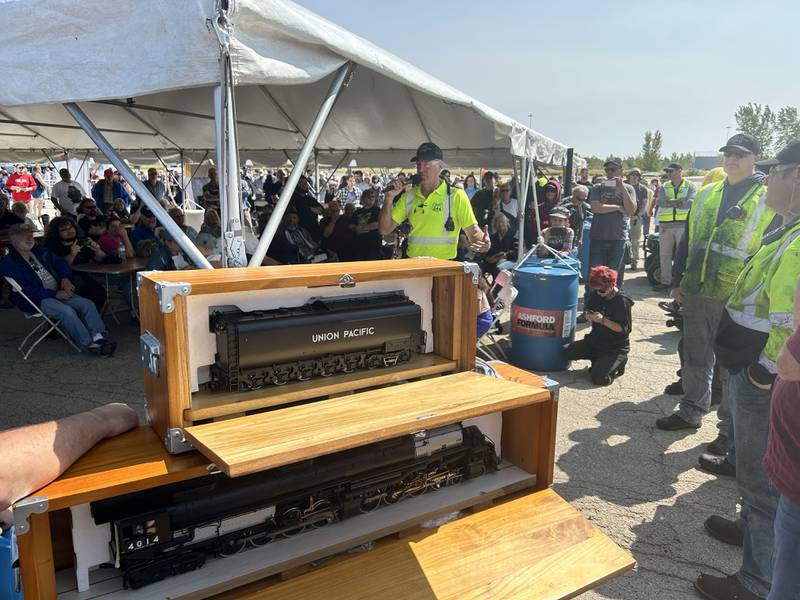 Ed Pickens, manager of the "UP steam team", talks about Big Boy 4014 to an estimated 61,000 people who visited the steam locomotive on Sunday, Sept. 8, 2024 during the daylong, free event in Rochelle.