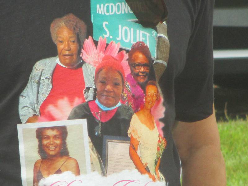 A T-shirt showing images of Louise Coleman throughout her life was worn by many of those who attended a ceremony dedicating a section of Joliet Street in Joliet as Louise Coleman Way. The shirt was designed by Coleman's granddaughter, Kiara Ford. Aug. 17, 2024