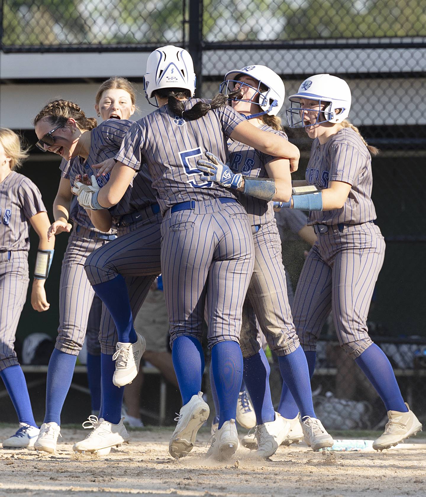 Princeton celebrates their walk-off win against Rock Falls Wednesday, May 15, 2024 a the Class 2A regional softball semifinal.