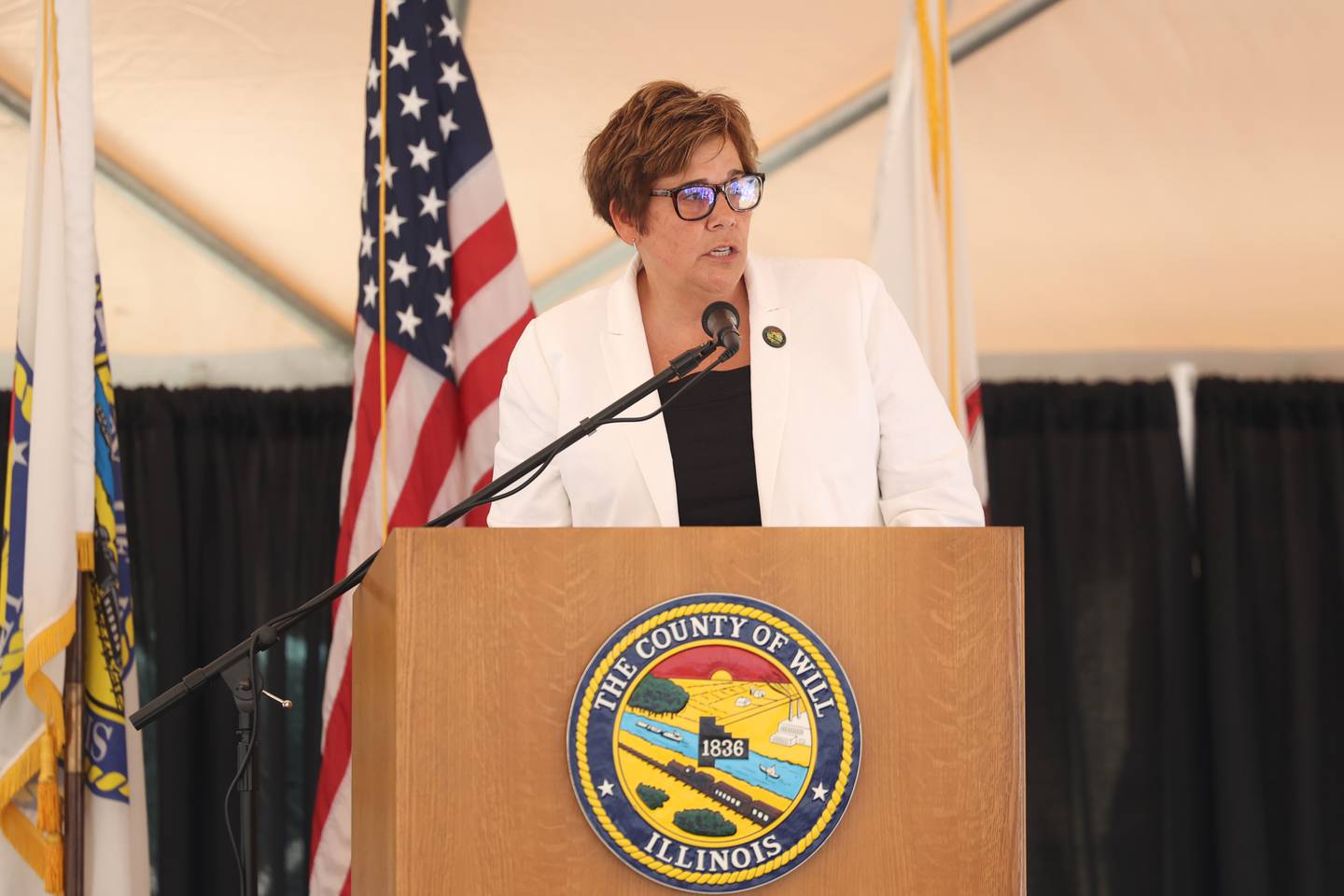 Jennifer Bertino-Tarrant, Will County Executive, speaks at the ribbon cutting ceremony for the new Will County Coroner Facility on Tuesday, July 18th, 2023 in Joliet.