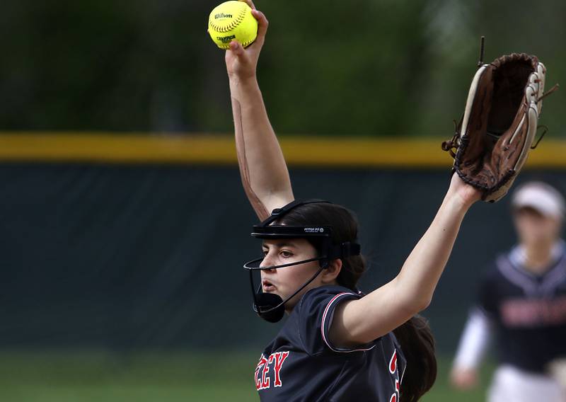 Huntley’s Gretchen Huber throws a pitch during a Fox Valley Conference softball game on against Prairie Ridge Monday, April 29, 2024, at Prairie Ridge High School.