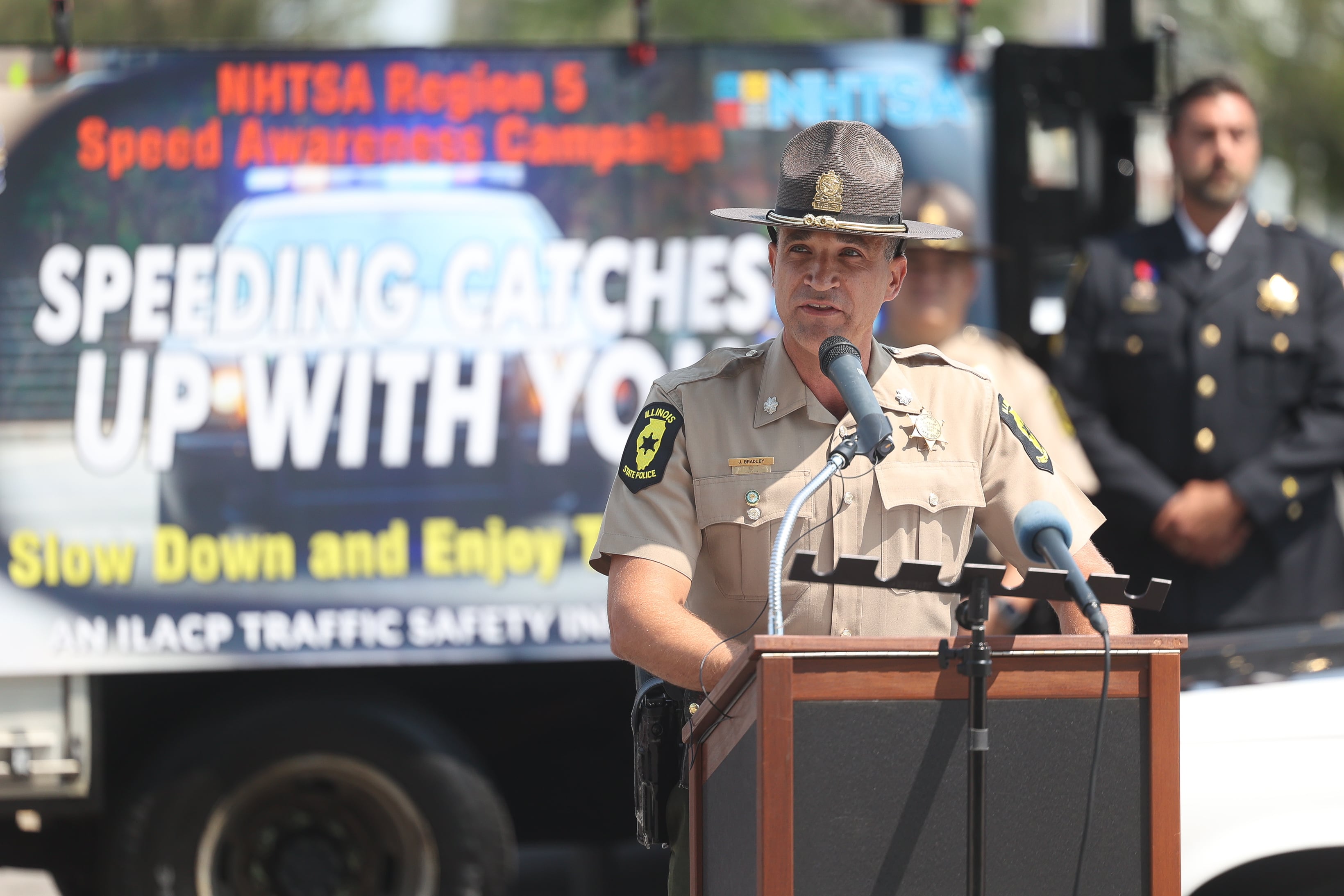 Illinois State Police Lt. Jason Bradley speaks at the Speed Catches Up With You speed awareness campaign on Tuesday, July 23, 2024 in Joliet.