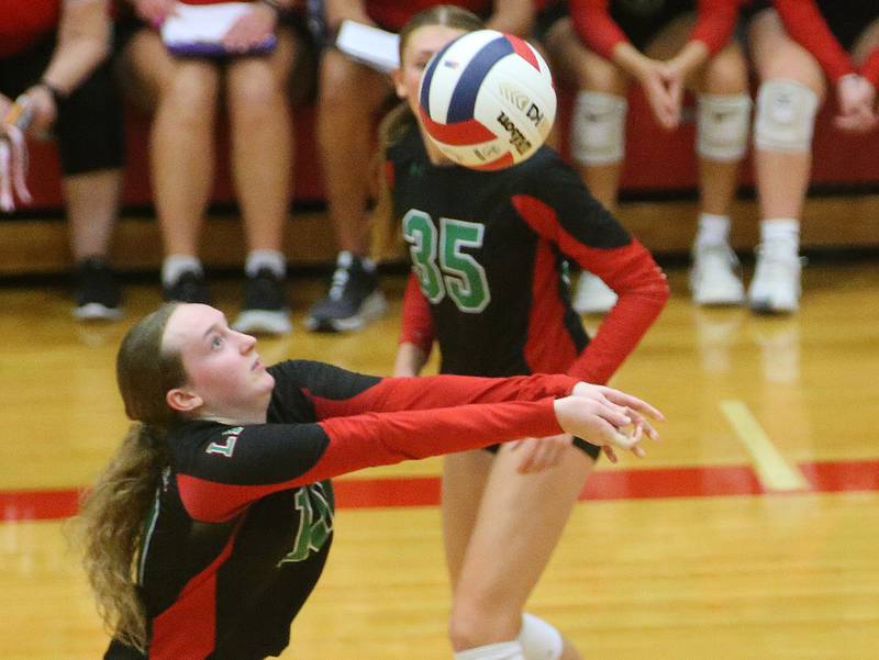 L-P's Katie Sowers sends the ball to the Geneseo side of the net in the Class 3A Regional on Tuesday, Oct. 24, 2023 at Sellett Gymnasium.