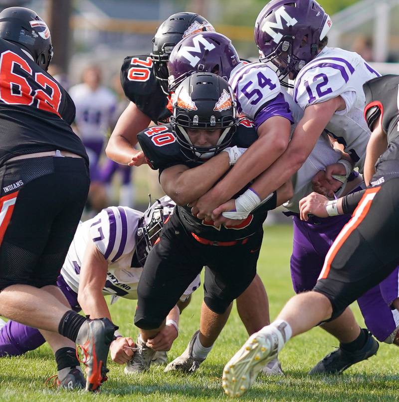 Sandwich Parker Anderson (40) scores a touchdown against Manteno during a football game at Sandwich High School on Saturday, Aug 26, 2023.