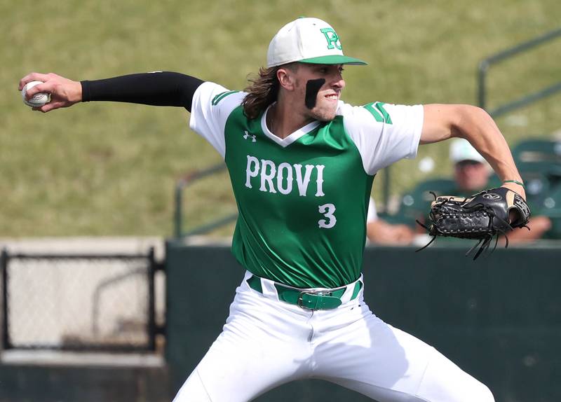 Providence Catholic's Cooper Eggert delivers a pitch during their Class 4A state semifinal game against Edwardsville Friday, June 7, 2024, at Duly Health and Care Field in Joliet.