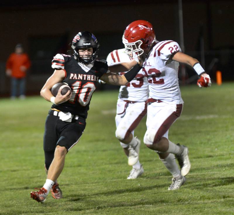 Erie-Prophetstown's Keegan Winckler (10) fights off Hall's Jack Jablonski (22) on Friday, Sept. 6, 2024 in Prophetstown.