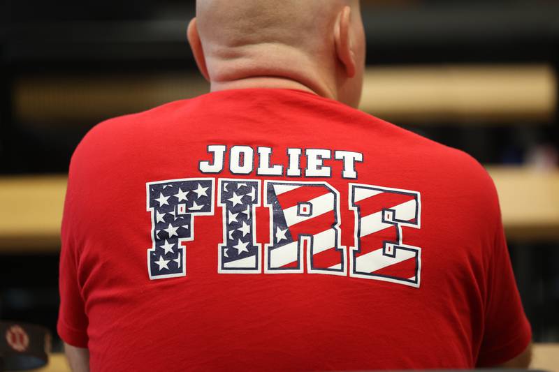 A Joliet firefighter sits in on a Crisis First Aid refresher course for the Joliet Fire Department Station One crew on Wednesday, July 12th, 2023 in Joliet.