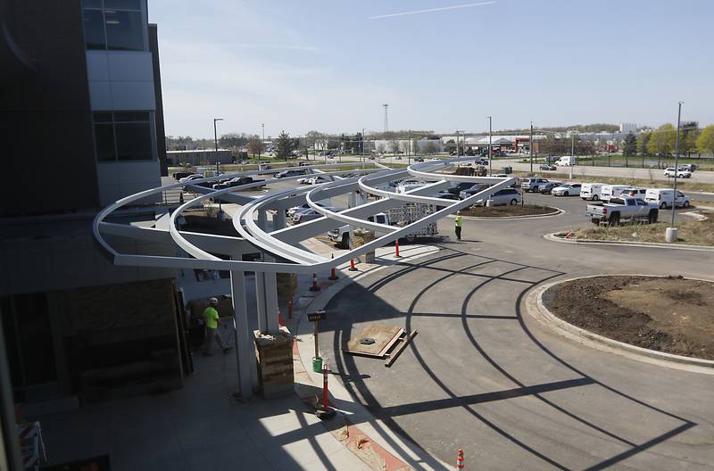 The front entrance of the new Mercyhealth hospital in Crystal Lake on Friday, April 21, 2023, as construction continues on the new hospital. The hospital is ramping up hiring as it gets set to open in this summer.