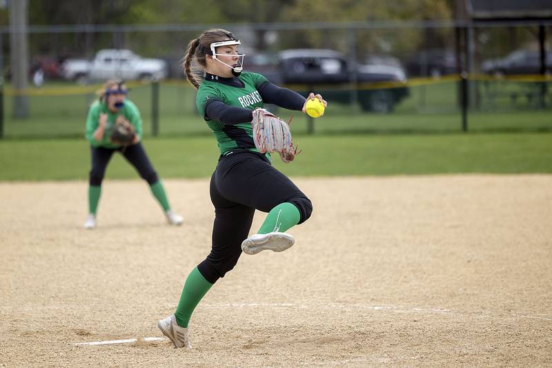 Rock Falls’ Katie Thatcher fires a pitch against Dixon Tuesday, May 2, 2023.