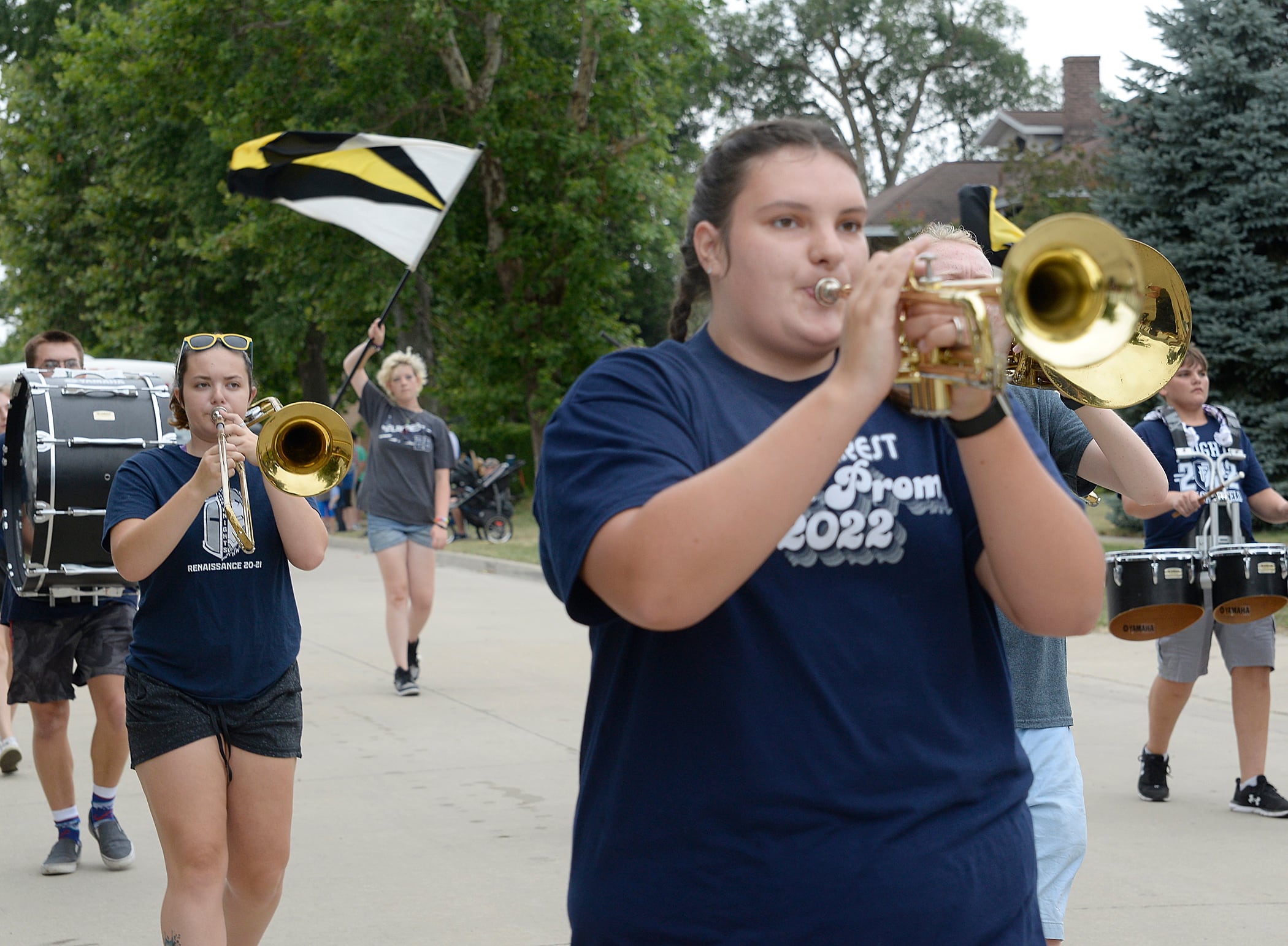 Members of the Fieldcrest High School band march down Walnut Street on Sunday, Aug. 14, 2022, during the Wenona Days parade.