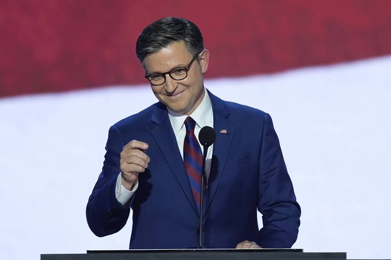 Speaker of the House Mike Johnson, R-La., speaking during the second day of the Republican National Convention on Tuesday, July 16, 2024, in Milwaukee. (AP Photo/J. Scott Applewhite)