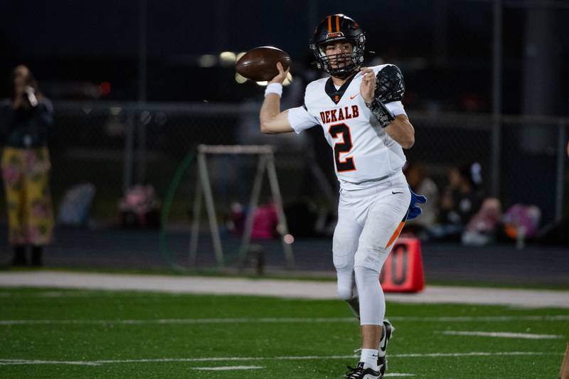 Dekalb's Cole Latimer throws a pass during a game against Plainfield South Friday Sept. 6, 2024 at Plainfield South High School