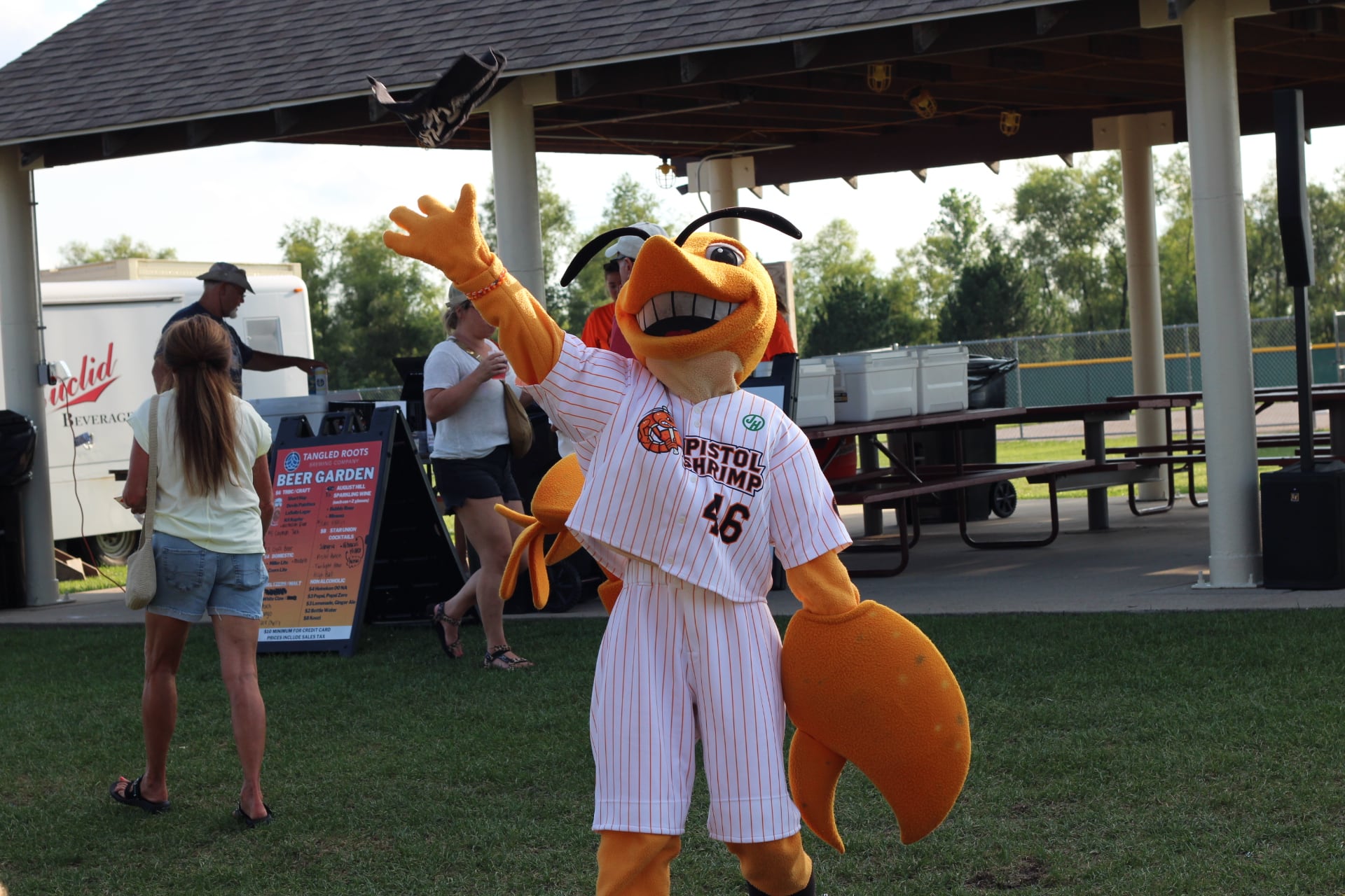 Southclaw (the Pistol Shrimp Mascot) throws a rally towel in the air on Thursday, Aug. 1, 2024, at Schweickert Stadium at Veterans Park in Peru.