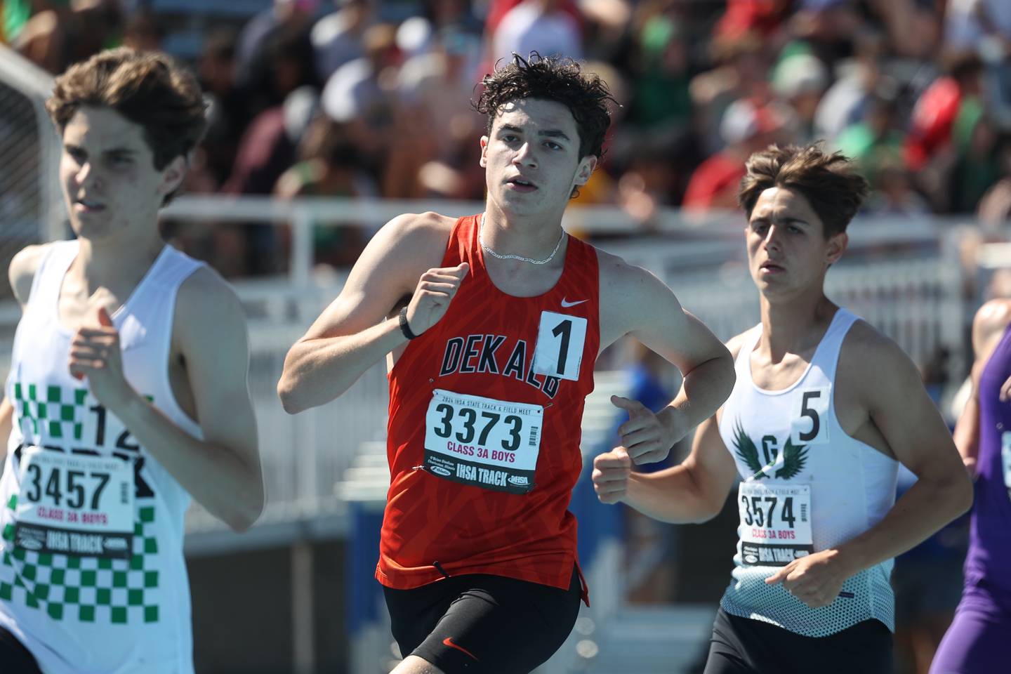Dekalb’s Jacob Barraza rounds a turn in the Class 3A 1600 Meter State Championship on Saturday, May 25, 2024 in Charleston.