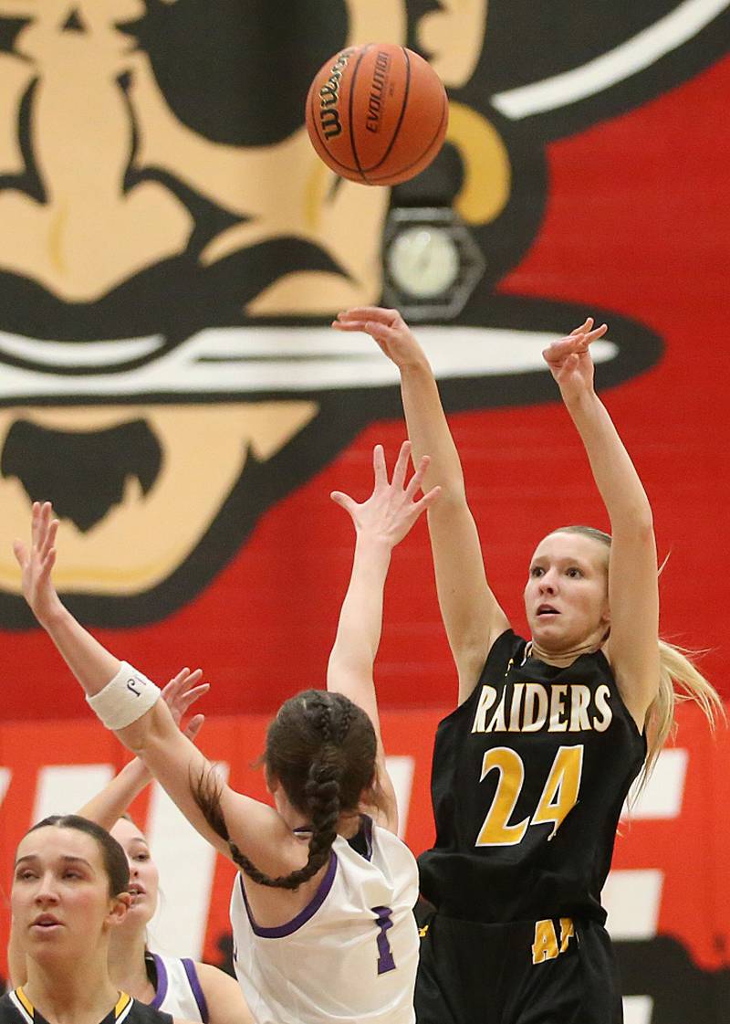 Ashton-Franklin Center's Taylor Jahn shoots a jump shot over Serena's Gwen O'Connell during the Class 1A Regional final on Thursday, Feb. 15, 2024 at Earlville High School.