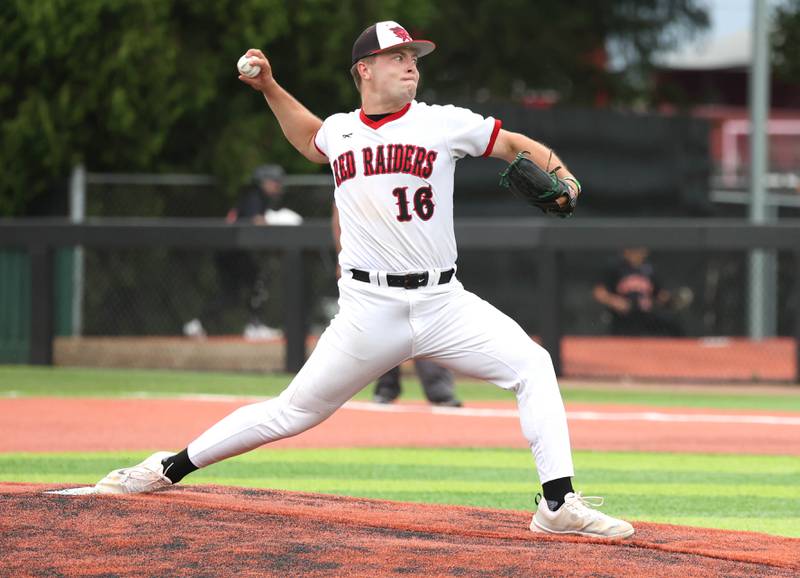 Huntley's Malachi Paplanus delivers a pitch during their Class 4A DeKalb Regional championship game against DeKalb Friday, May 24, 2024, at Ralph McKinzie Field at Northern Illinois University in DeKalb.