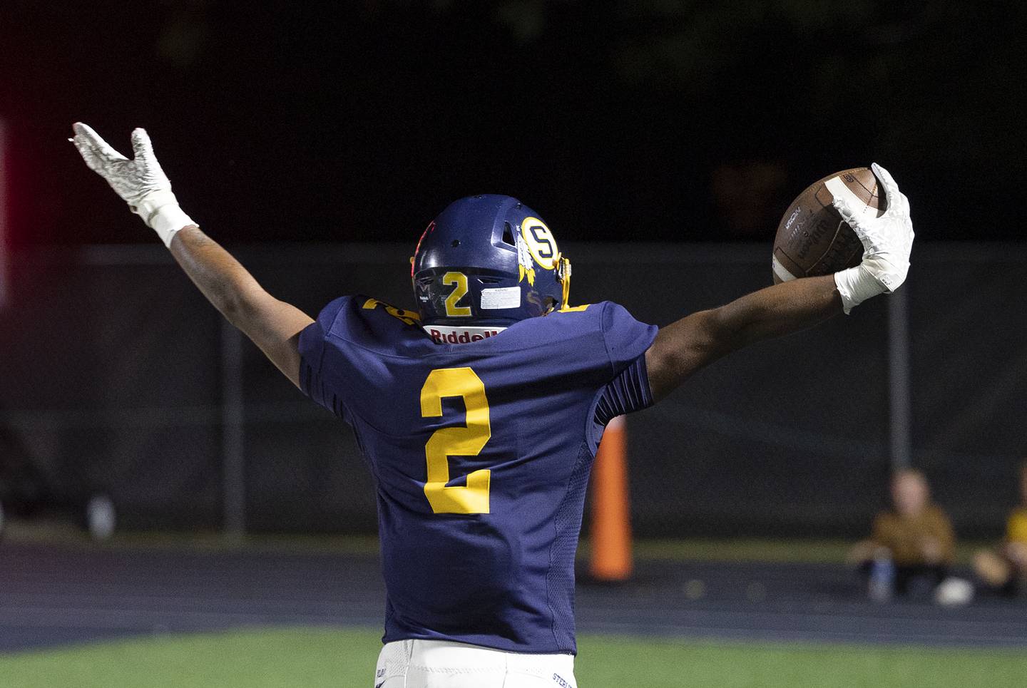 Sterling’s Kaedon Phillips celebrates running a TD against United Township Friday, Sept. 13, 2024, at Sterling High School.