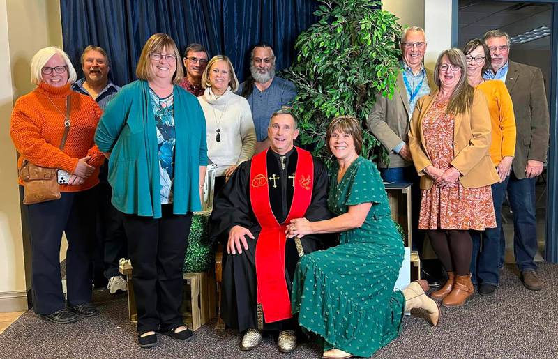 Pictured are Jeannie and Al Benson, Diane Morris, Jim and Nancy Love, Matt Wyncoop, Pastor Stevan and Vicki Saunders, Greg and Lynn Witek, Bonnie and Bill Wykes at the Inaugural Great Lakes Global Methodist Church Conference.