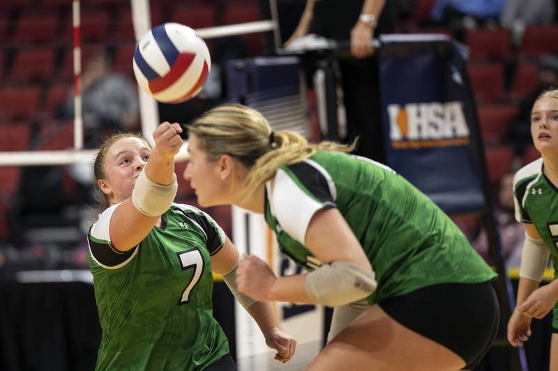 Rock Falls’ Denali Stonitsch reaches for the ball against Breese Mater Dei in the 2A state semifinal Friday, Nov. 10, 2023 at CEFCU Arena in Normal.