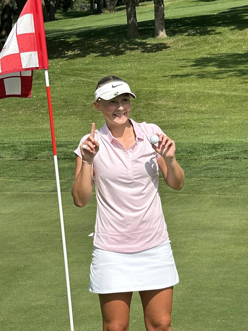 Katie Drew, a 2024 Dixon HS grad, is pictured after hitting her first hole-in-one on Friday, Aug. 23, 2024, at the Highland 36 golf tournament at Park Hills Golf Course in Freeport. 

Drew is attending Sauk Valley CC and playing golf with the men's team, since they do not have a women's team. 

Her ace was at the par-3, 186-yard No. 17 using an 8-iron.