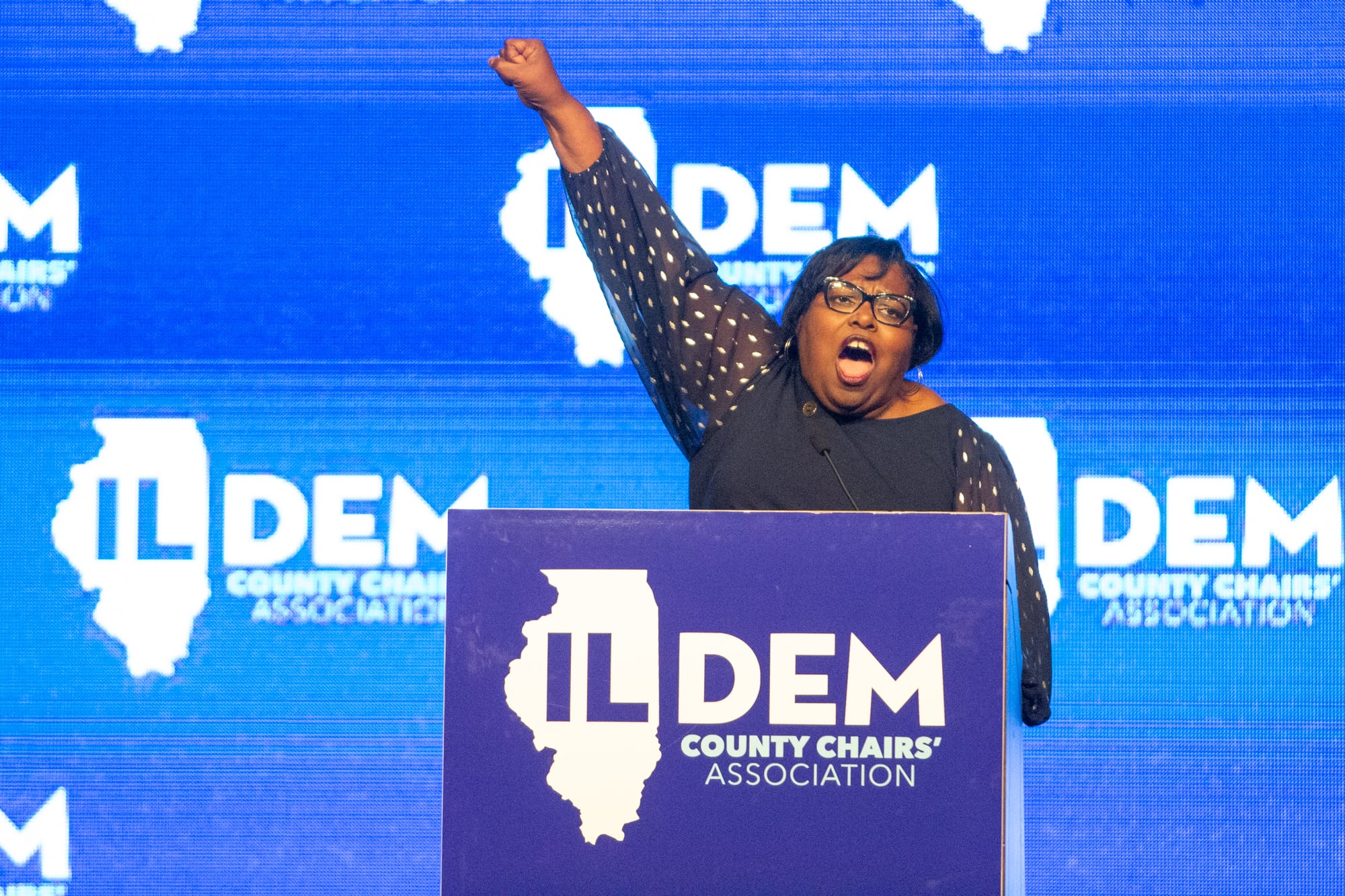 Pam Davidson, Democratic chair for Knox County, delivers a fiery speech to Democrats at the annual Illinois Democratic County Chairs’ Association brunch in Springfield Wednesday.