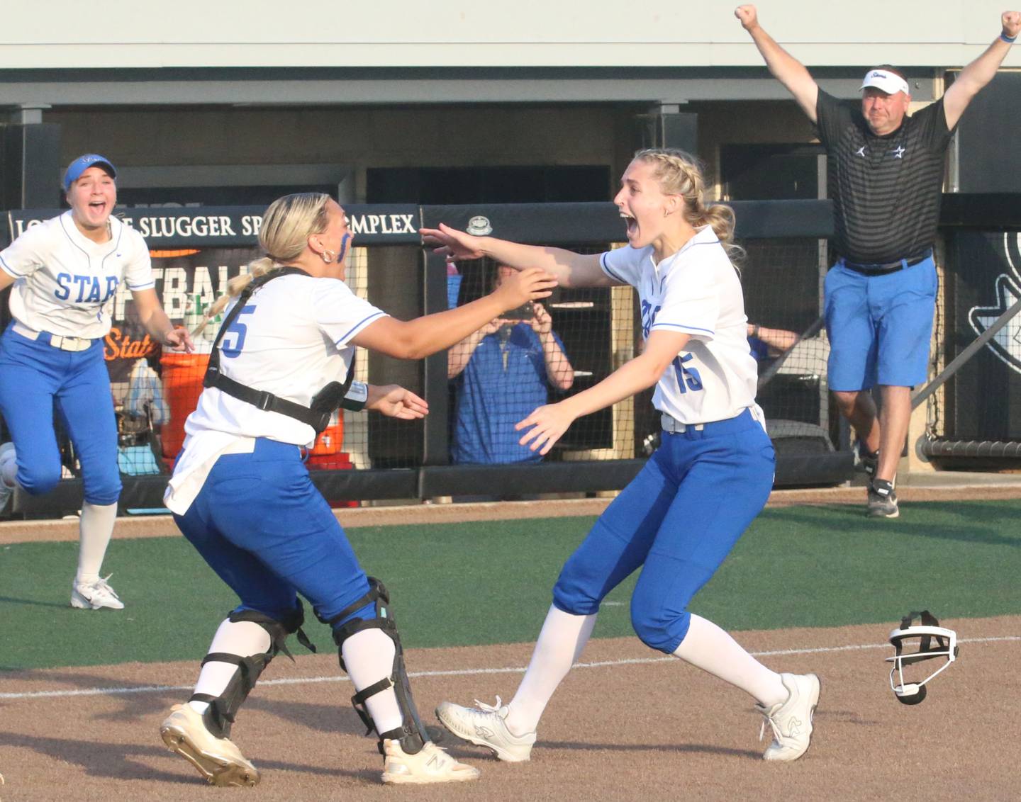 St. Charles North's Skyla Ritter and teammate Paige Murray react after defeating Marist during the Class 4A championship game on Saturday, June 8, 2024 at the Louisville Slugger Sports Complex in Peoria.