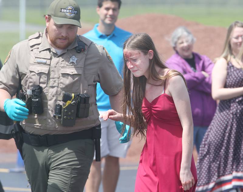 Putnam County Sheriff deputy Kyle Quick helps Putnam County High School student Anna Sandburg during a Putnam County "mock prom" through the Putnam County Corner's Awareness Program on Friday, May 3, 2024 at Putnam County High School.  Putnam County Fire and EMS units, PC Sheriff, and OSF Lifeflight crew conducted a drill crash scene. The school's prom is Saturday. The program helps students make good choices on prom night.