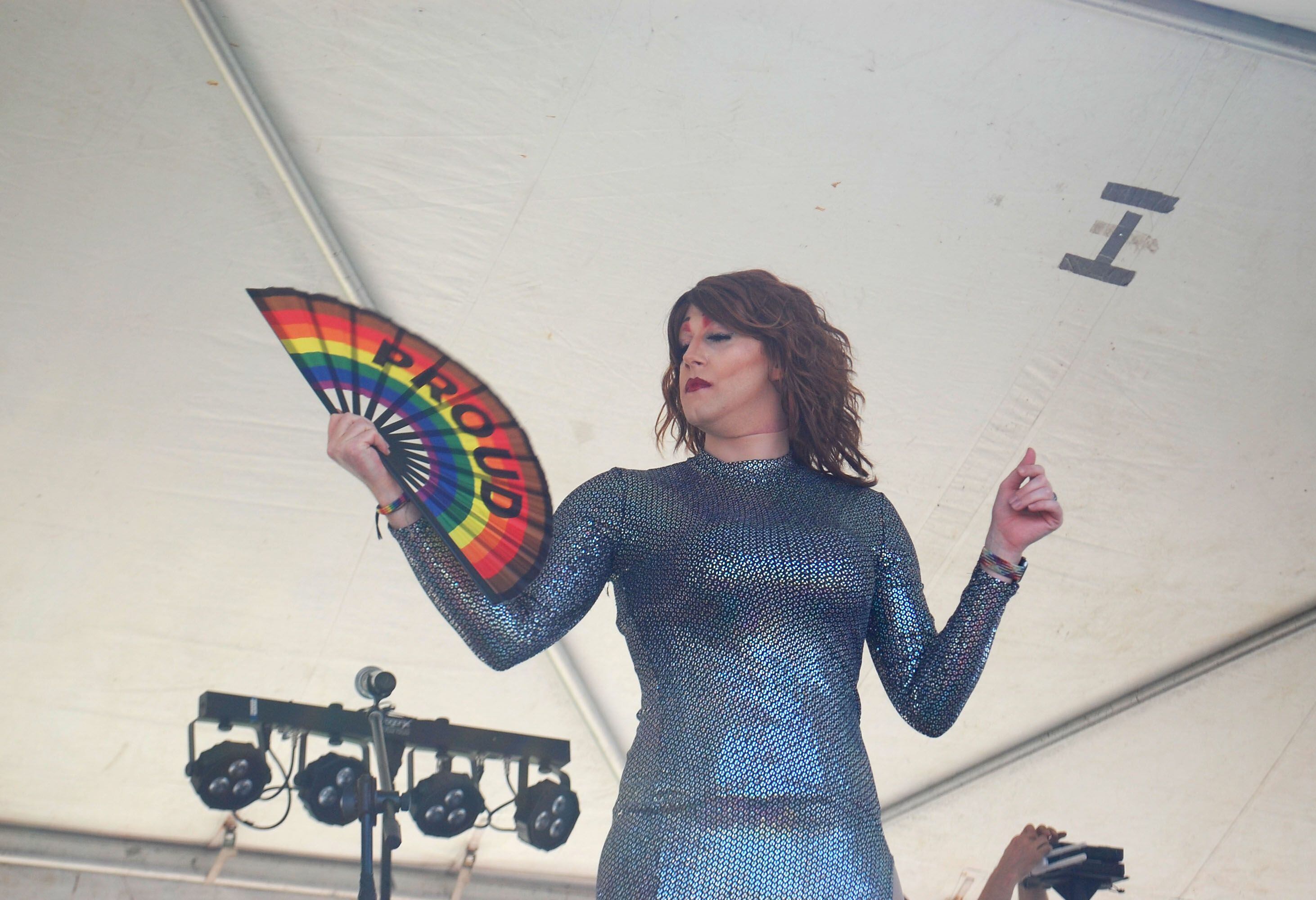 A participant kicks off the Ottawa Family Pride Festival lip sync battle on the Jordan block mainstage on Saturday, June 10, 2023.