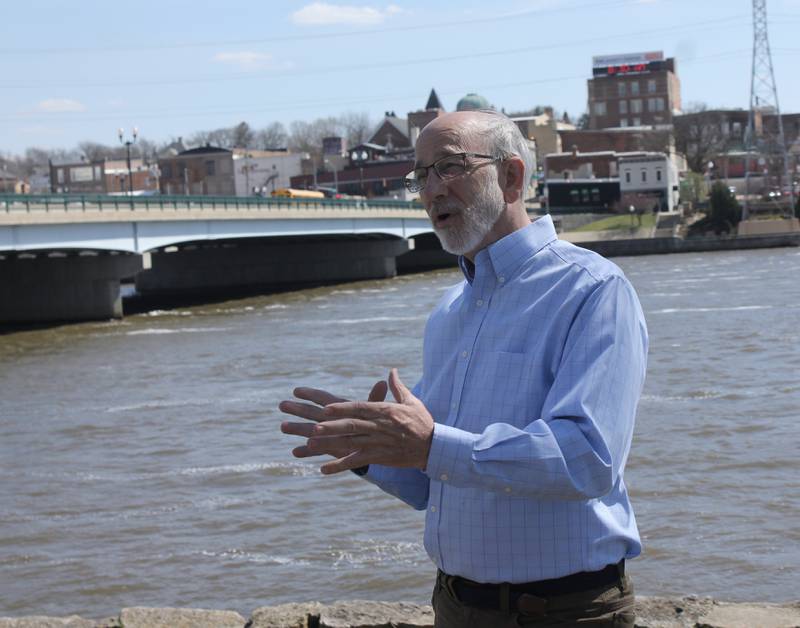 From the north shore of the Rock River, Dixon historian Tom Wadsworth explains the history of the Truesdell Bridge Disaster of 1873 on Founders Day, Tuesday, April 11, 2023 near the present-day Galena Avenue Bridge. He was scheduled to make a presentation in the evening.