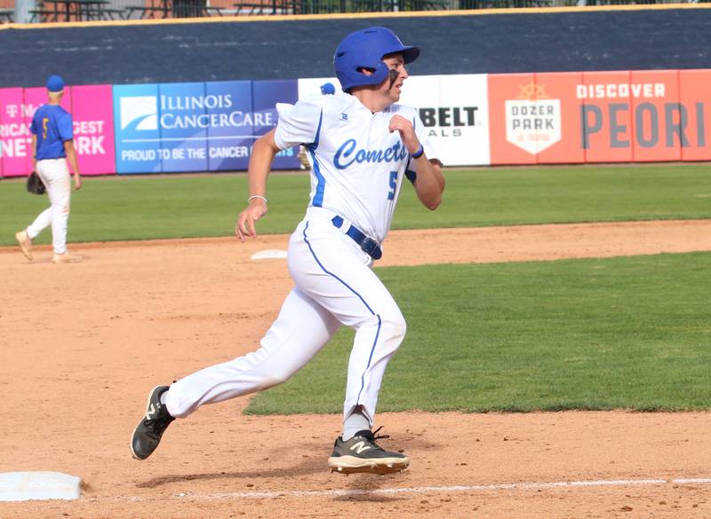 Newman's Riley Mason rounds third base during the Class 2A semifinal game on Friday, May 31, 2024 at Dozer Park in Peoria.