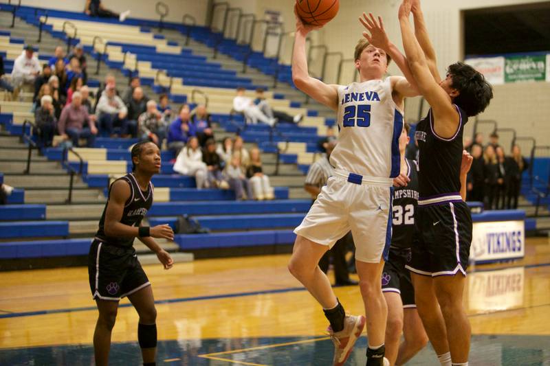 Geneva's Hudson Kirby goes to the basket against Hampshire at Geneva Day of Hoops on Monday, Jan. 15th in Geneva.