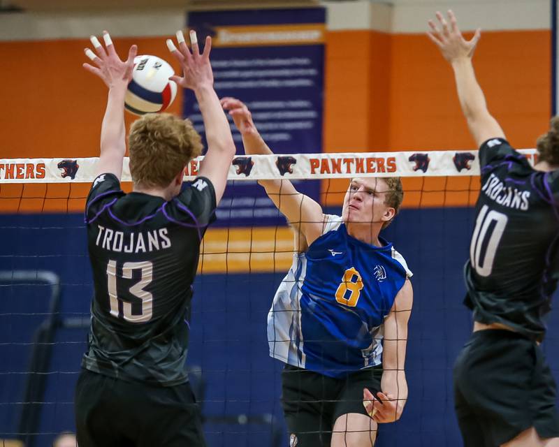 Lyons Sam Levinson (8) spikes the ball during Oswego Sectional final between Downers Grove North at Lyons.  May 30, 2023.