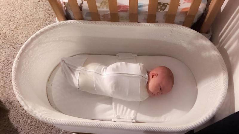 This Jan. 3, 2017, photo released by Paul Zalewski shows his infant daughter Ruby in a smart-tech sleeper called the Snoo, which gently rocks and jiggles babies to sleep from birth to 6 months old.