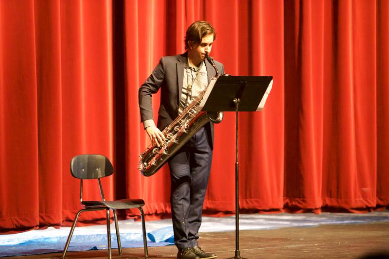 Mr. Kaneland contestant Nick Collins performs during Mr. Kaneland contest on Friday, March 15, 2024 at Kaneland High School in Maple Park.