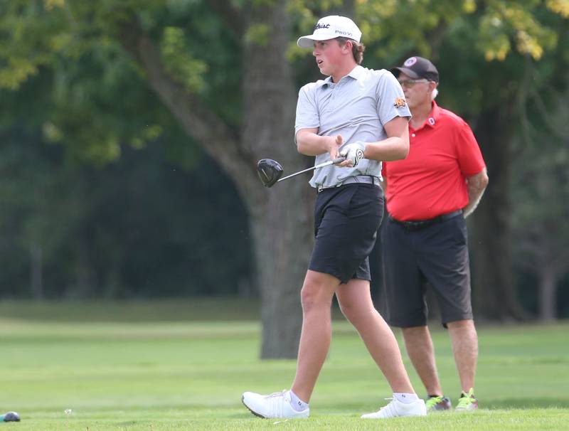 Minooka's Tj Quinn tees off during the Pirate Invitational golf meet on Monday, Sept. 16, 2024 at Deer Park Golf Course in Oglesby.